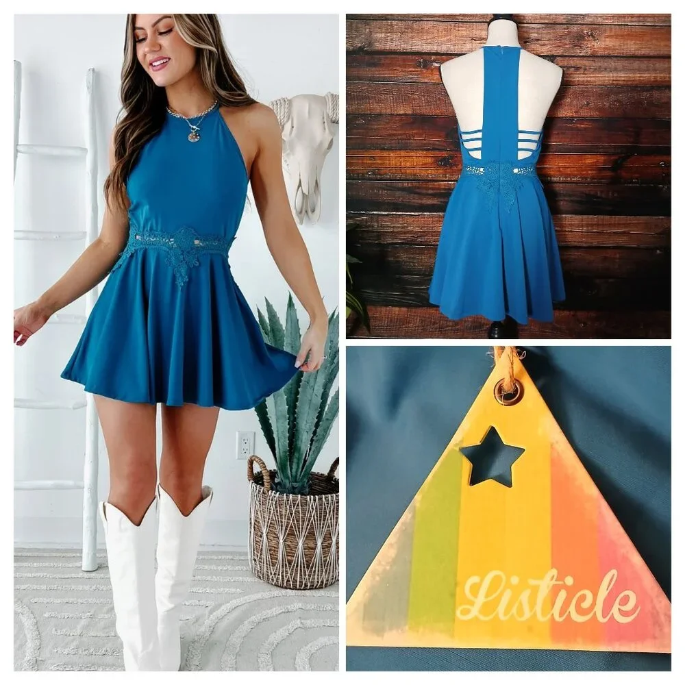 NWT Listicle Mini Dress Size S Blue Skater Lace Applique Open Shoulder Nylon - Picture 1 of 12